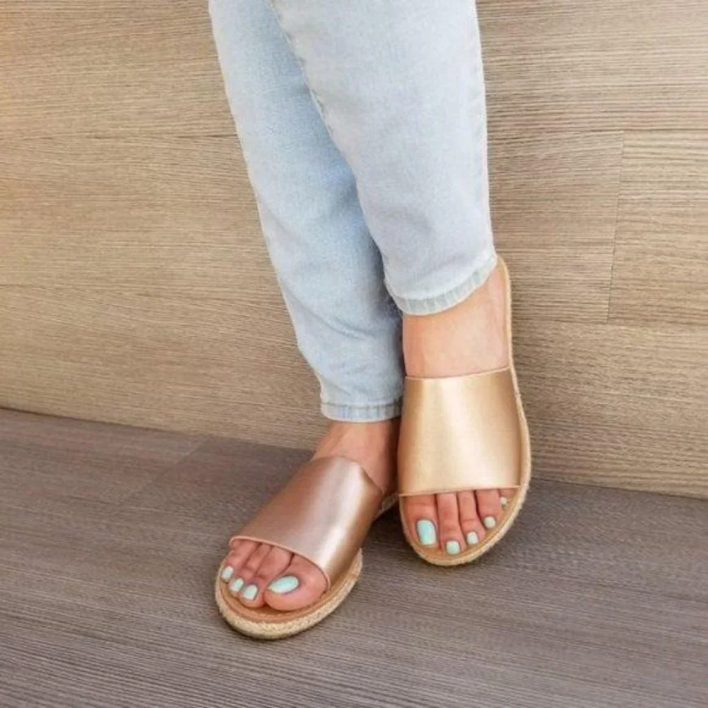 Rose Gold Slip on Slider Flat Sandal Espadrille - Picture 6 of 7
